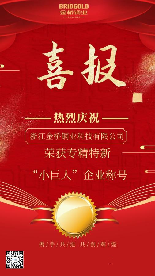 熱烈慶祝金橋銅業(yè)榮獲專精特新&ldquo;小巨人&rdquo;企業(yè)稱號(hào)